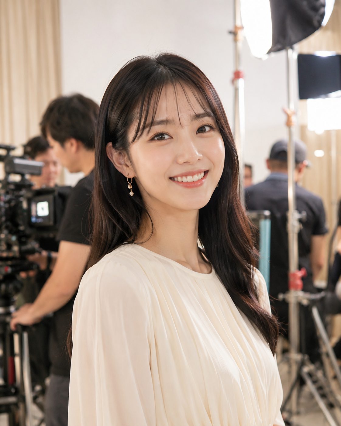撮影現場で笑顔の女優